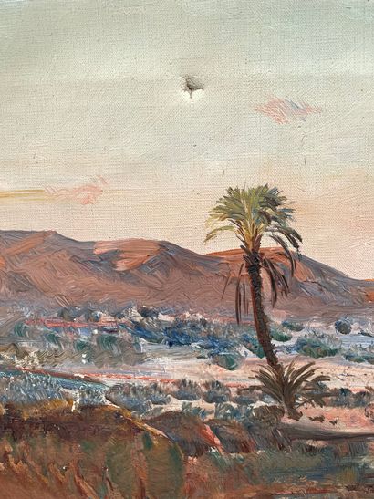 null BLACK (Maxime). "Orientalist landscape, caravan crossing an oasis". Oil on canvas,...