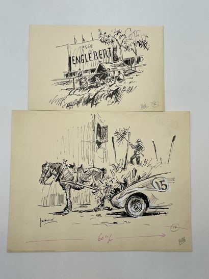null 贾卡诺。一套4幅印度水墨画，都有签名。各种尺寸：从21 x 24.5厘米到24 x 31厘米。1953年和1954年之间为杂志画的画，有布局标记。