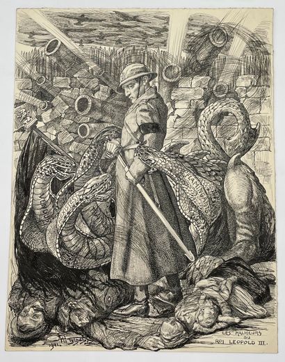 TYTGAT (Médard). "Les Malheurs du roi Léopold III》（1941年）。印度墨水画，左下角有标题、日期和签名。尺寸：32.5...