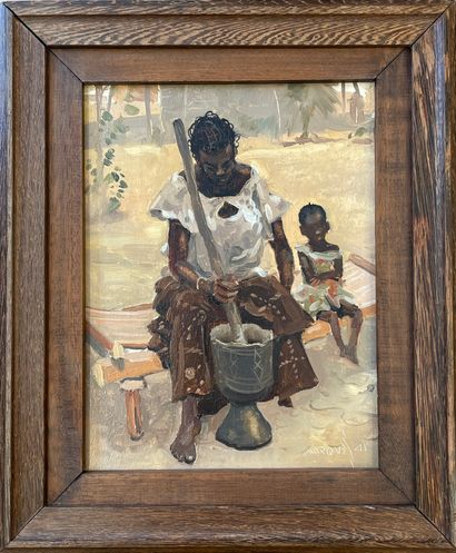 null MARQUES (Guilherme). "The Preparation of the Meal" (1941). Oil on panel, signed...