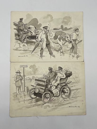 null BISCARETTI di RUFFIA (Carlo). "Cars and motorcycles" (1950-1951). Set of 8 drawings...