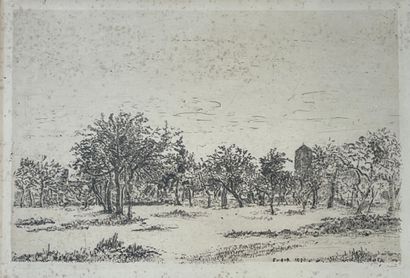 ENSOR (James). "果园"（1886）。黑色蚀刻画，第三状态，日期和签名在版上，安装在垫子和木框下。框架尺寸：34 x 41厘米；主题：16 x 2...