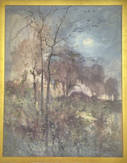 null FRANK (Lucien). "Paysage boisé sous la lune". Gouache sur papier, signée au...