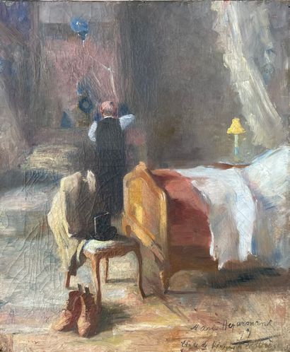 HEYERMANS (Marie). "Animated Interior". Oil on canvas, dated and signed in the lower...