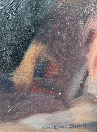 SMETS (Charles Ernest). "The Woolen Spinners"（1951）。布面油画，粘贴在面板上，右下角有签名，装在木框里。框架尺寸：91...