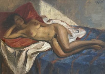 SMETS (Charles Ernest). "Odalisque on a blue sheet". Oil on canvas, signed in the...
