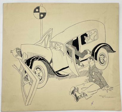null VINCENT (René)."平交道"（约1930年）。印度墨水画，右下角有标题和签名。支持物和主题的尺寸：26 x 28厘米（上边缘有轻微的折痕，...