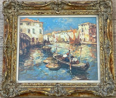 BISSCHOPS (Charles-Louis). "Venice". Oil on panel, signed in the lower left corner,...