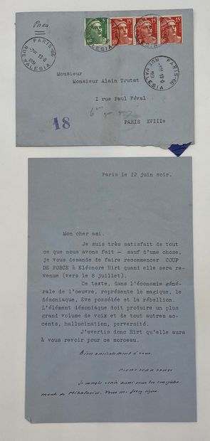 null JOUVE (Pierre-Jean) (1887-1976) 是法国诗人、小说家和评论家。五封署名为Alain TRUTAT的打字信，即：1.1951年6月12日的信，他要求Éléonore...