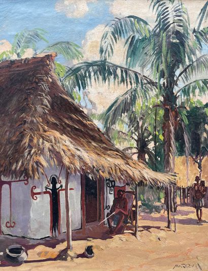 null MARQUES（Guilherme）。"繁忙的非洲村庄景色"。布面油画，右下角有签名，装在镀金的木框中。框架尺寸：96.5 x 85厘米；主题：70 x...