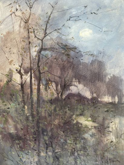 null FRANK (Lucien). "Wooded Landscape under the Moon". Gouache on paper, signed...