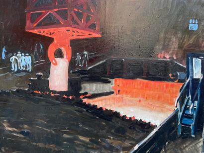 SINIAVER (Ossip). "钢铁厂"（1960年）。布面油画，左下角有日期和签名。支持物和主题的尺寸：64.5 x 79.5厘米。