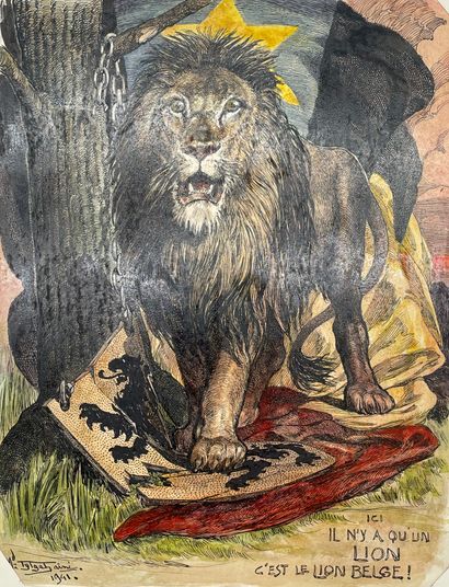 TYTGAT (Médard). "这里只有一只狮子，那就是比利时的狮子"（1941年）。纸上水彩和印度墨水，左下角有标题、日期和签名，装在垫子下。支架尺寸：38.5...