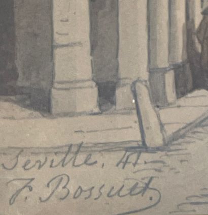 BOSSUET (François Antoine). "塞维利亚"（1841年）。纸上铅笔和水彩画，位于左下角，有日期和签名，安装在passe-partout和鎏金木框下。框架尺寸：47...