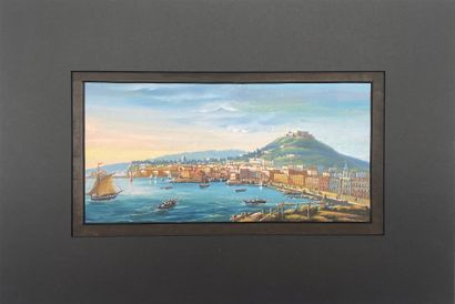 ANONYME. "那不勒斯的圣艾尔莫城堡景观"（约1850年）。水粉画在纸上，装在通票下。墙纸尺寸：34 x 50.5厘米；主题：15.7 x 32厘米。