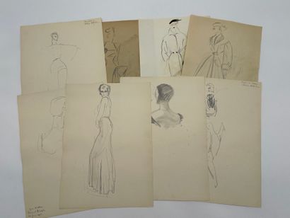 LEJEUNE (Raoul). 一套大约40幅关于时尚的绘画和素描（1932-1936）。一套漂亮的铅笔画和水彩画，其中一幅有日期和签名。支持物和主题的尺寸：（+/-...