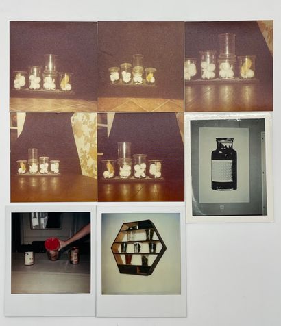 BROODTHAERS.- 一组大约10张照片，是马塞尔-布罗代尔1966年9月27日在布鲁塞尔Cogeime画廊开幕时拍摄的：宝丽来、小型业余彩色印刷品、1张大型现代印刷品（布罗代尔在画廊前和他的鸡笼）、2张底片、1张包含艺术家在Cogeime画廊前的6张照片的大板，以及一张时代印刷品，背面印有...