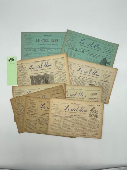 "Le Ciel bleu". 面向所有人的文学周刊。布鲁塞尔，1945年2月22日至4月19日，9期，37.5 x 27.5厘米，每期4页（照例变色，罕见污点）。比利时第一份超现实主义周刊的全集，由Paul...