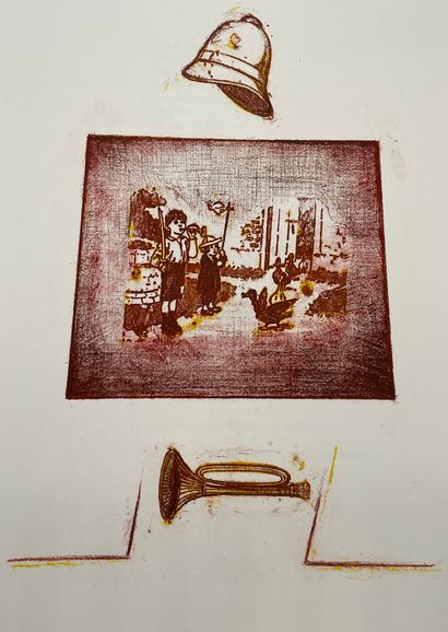 null 恩斯特-里贝蒙特-德萨涅斯（乔治）。Die Ballade vom Soldaten.Max Ernst的34幅原始石版画。斯图加特，马努斯出版社，1972年，对开，带黑色徽章的填充封面，蓝布文件夹和滑套。第一版包括34幅马克斯-恩斯特的彩色石板画原作，由Pierre...