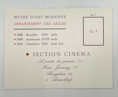 BROODTHAERS (Marcel). "现代艺术博物馆-老鹰部"（1971年）。宣布通过广白空间画廊出售 "杜塞尔多夫Burgplatz 12号的一套物品给'老鹰部'（电影部分）"的卡片。1张10.5...