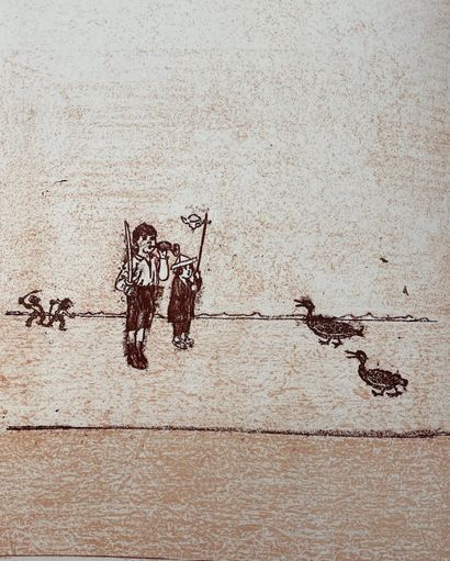 null 恩斯特-里贝蒙特-德萨涅斯（乔治）。Die Ballade vom Soldaten.Max Ernst的34幅原始石版画。斯图加特，马努斯出版社，1972年，对开，带黑色徽章的填充封面，蓝布文件夹和滑套。第一版包括34幅马克斯-恩斯特的彩色石板画原作，由Pierre...