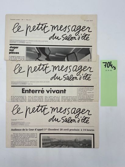 DUBUFFET.- "夏日集市的小使者"。第1至3期（全集）。让-杜布菲为捍卫 "Le Salon d'été "而创作的临时性杂志。巴黎，1977-1978年，3册，单页，折成3份。让-杜布菲为雷诺公司设计了一个不朽的项目，他称之为...