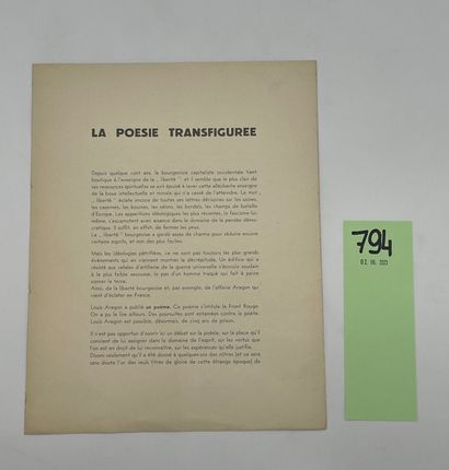 null [MAGRITTE].- La Poésie transfigurée. Brux., 30 janvier 1932, 1 f. 4° de 4 p....
