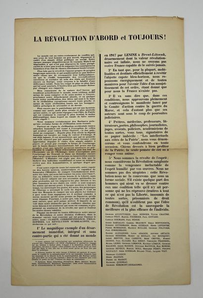 Tract surréaliste.- "La Révolution d'abord et toujours !". P., 1925, 1 f. in-folio...