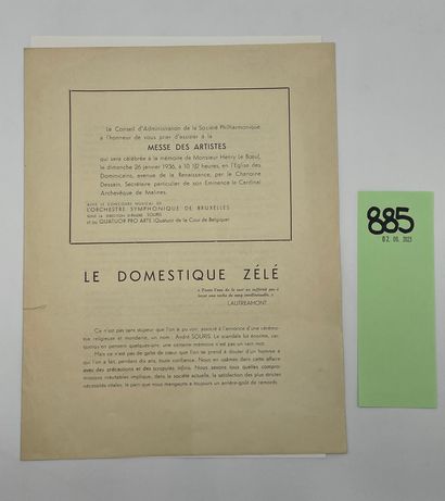 SOURIS (André). Le Domestique zélé. Haine-Saint-Paul, A. Ludé, 1936, 1 feuillet 4°...