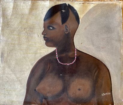 null BOUKEKE (R). "Portrait de femme africaine au collier rose". Huile sur toile,...