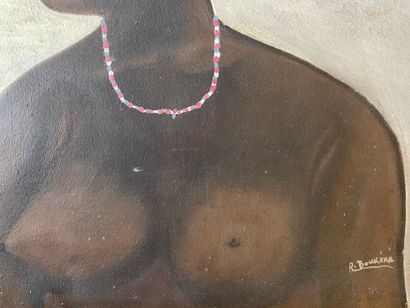 null BOUKEKE (R). "Portrait de femme africaine au collier rose". Huile sur toile,...