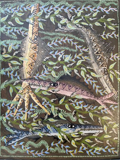 ANONYME. "Crocodiles" (1958). Huile sur carton, montée sous cadre en bois. Dim. cadre...