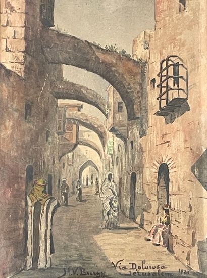 NON IDENTIFIE. "Via Dolorosa, Jérusalem" (1880). Aquarelle sur papier, titrée, datée...