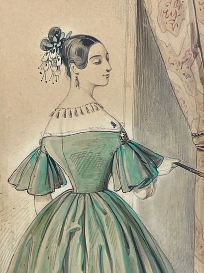 GAVARNI (Paul). "Elégante à la robe verte". Aquarelle, gouache et crayon sur papier,...