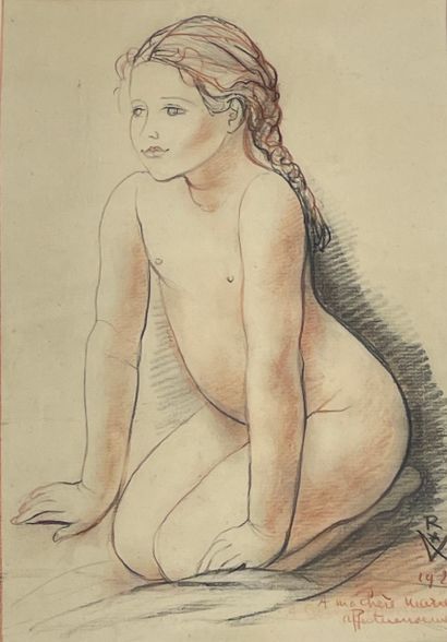 ROUSSEAU (Victor). "Jeune fille" (1923). Dessin au crayon et à la sanguine, daté,...