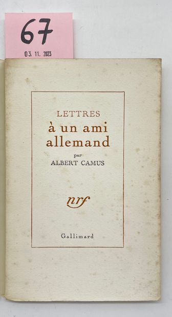 CAMUS (Albert). Lettres à un ami allemand. P., NRF, 1945, in-12, br., non coupé (couv....