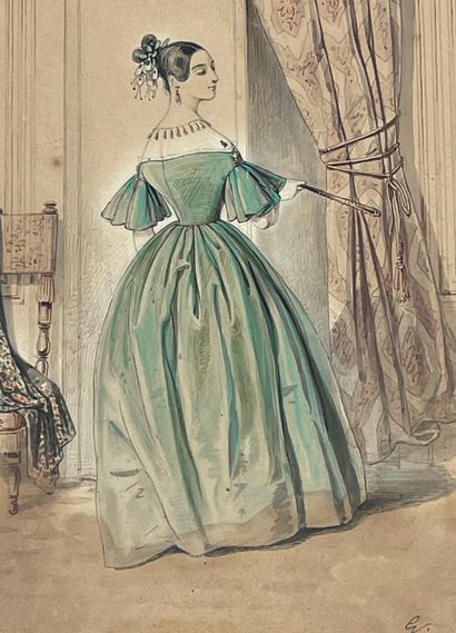 GAVARNI (Paul). "Elégante à la robe verte". Aquarelle, gouache et crayon sur papier,...
