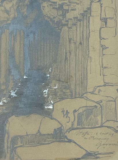 GAVARNI (Paul). "Grottes à Staffa" (1849). Dessin au crayon, rehaussé à la gouache,...