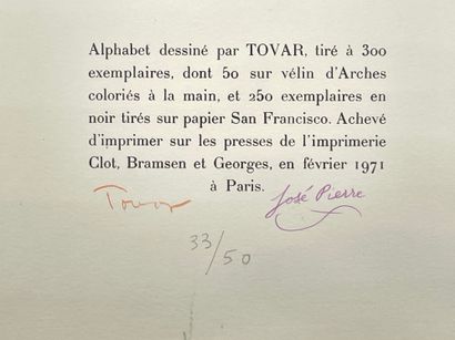 TOVAR.- PIERRE (José). Alphabet dessiné par Tovar. Préface de José Pierre. P., Clot,...