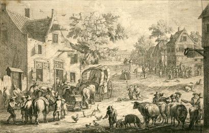 null BOUT (d'après Pieter) (1658-1719). "Vue animée, devant l'auberge du bourg"....