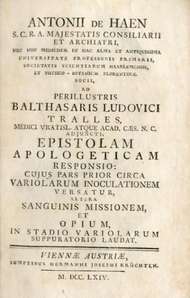 null HAEN (A. de). Ad perillustris balthasaris Ludovici Tralles [...] variolarum...
