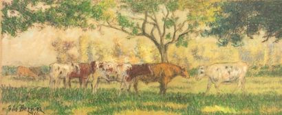 BERNIER (Géo). "Vaches au pré" (1916). Pastel sur papier, rehaussé de craie blanche,...