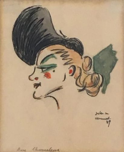 CANNEEL (Jules-Marie). "Femme au chapeau noir". Technique mixte (aquarelle, encre...