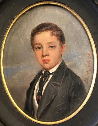 DE LA TOUR (Edouard). "Portrait de jeune homme". Miniature. Huile sur panneau, signée...