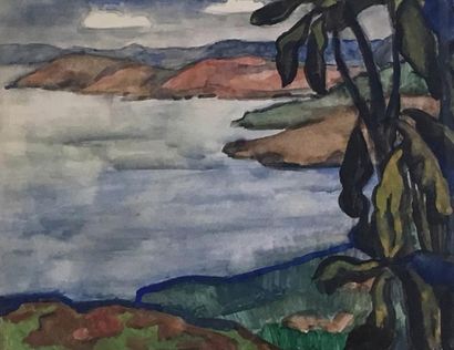 GUILLAIN (Marthe). "Le Lac Kivu" (1953). Aquarelle, titrée, signée au coin supér....