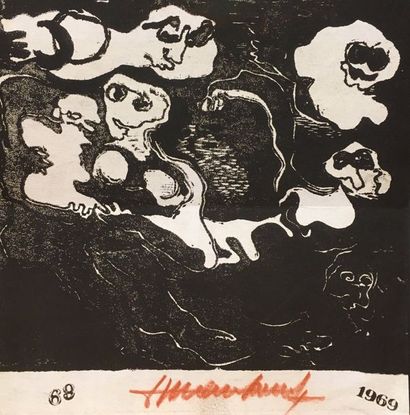 MARCHOUL (Gustave) Carte de voeux (1969). Lithographie en noir, signée au pastel...