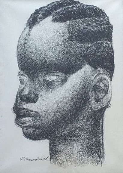 MAMBOUR (Auguste). «Te?te de femme africaine». Lithographie sur papier canson, signe?e...
