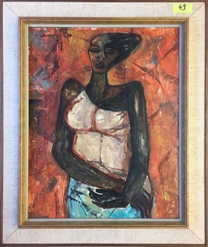 null N'DAMVU (Pezo). "Femme africaine" (1966). Huile sur panneau, datée et signée...