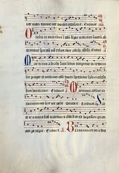 null Manuscrit du 15e siècle.- Feuillet d'antiphonaire du 15e siècle. sur peau de...