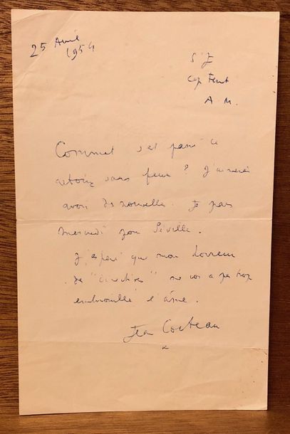 COCTEAU (Jean). Lettre autographe signée, datée 25 avril 1954, St J[ean] Cap Ferrat,...